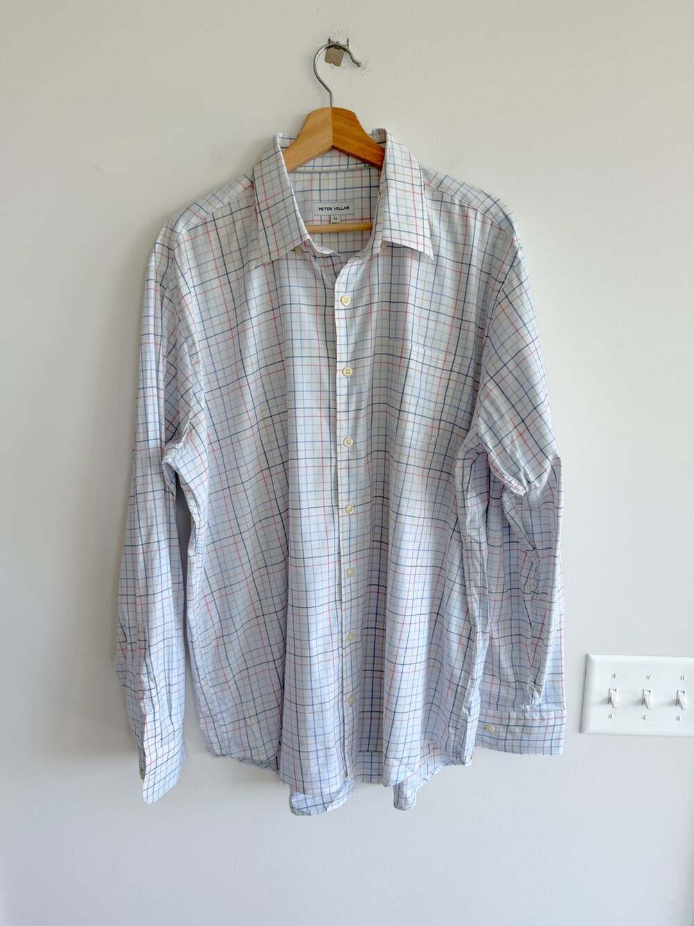 Peter Millar Plaid Pattern Long Sleeve Button Up Shirt White Blue XL